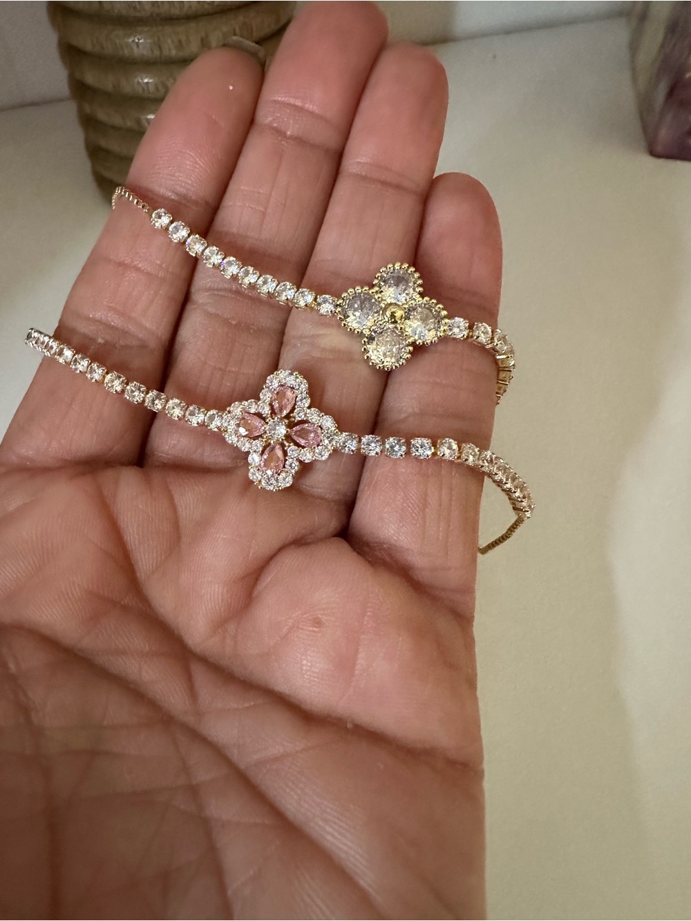 Women's Gold-Tone Pink & White Floral Tennis Bracelet Set